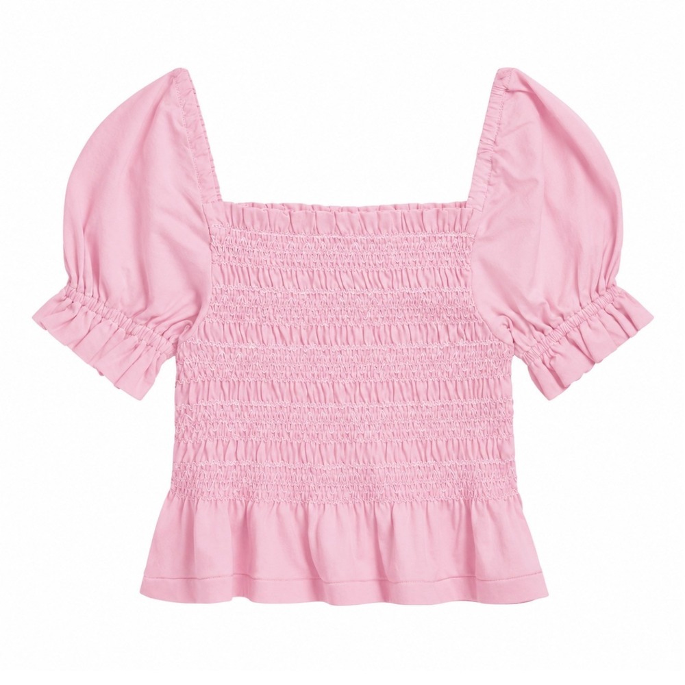 Polo Ralph Lauren Girls Smocked Cotton Puff-Sleeve Peplum Top, Large, NWT